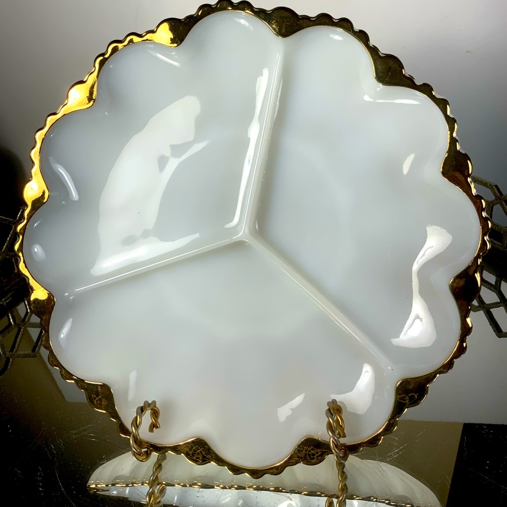 Fire King Milk Glass Divided Dish Serving Gold Trim Scalloped Edge Vintage